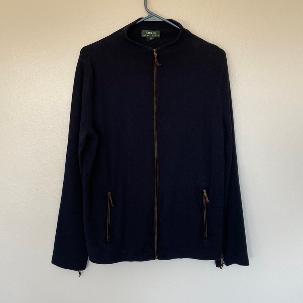 Ralph Lauren Navy Full Zip Up Mock Sweater, Navy/Brown Faux Trim Size M, EUC - Picture 3 of 13